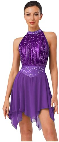 Agoky Vestido De Ballet para Mujer Leotardo Gimnasia con Falda Tul Maillot Lentejualas De Patinaje Artistico Traje De Danza Contemporánea Morado S