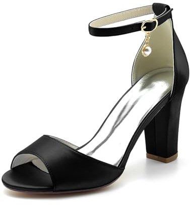 LRMYMHY Sandali Donna con Tacco Alto A Blocco Cinturino alla Caviglia Scarpe da Sposa Punta Aperta Décolleté Nuziali,Nero,37 EU
