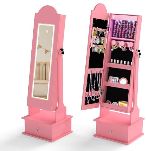 COSTWAY Kids Jewelry Armoire Cabinet, Freestanding Jewelry Organizer with Full Length Mirror, 2 Tilt Angles, Children Vanity Dress Up Mirror for Little Girls (Pink Cloud with Lights)