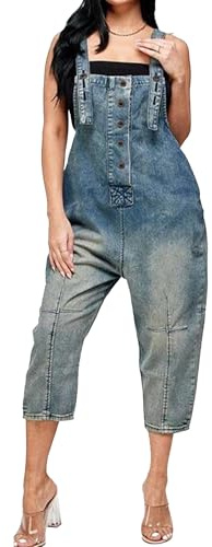 Jeansoveraller med lös passform för kvinnor, justerbara remmar, knappar fram, jumpsuit med harem, denimbyxor, retroblå, extra stor