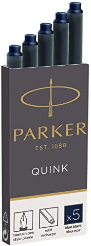 Parker Fountain Pen Ink Refill Cartridges | Long | Blue-Black QUINK Ink | 5 Count