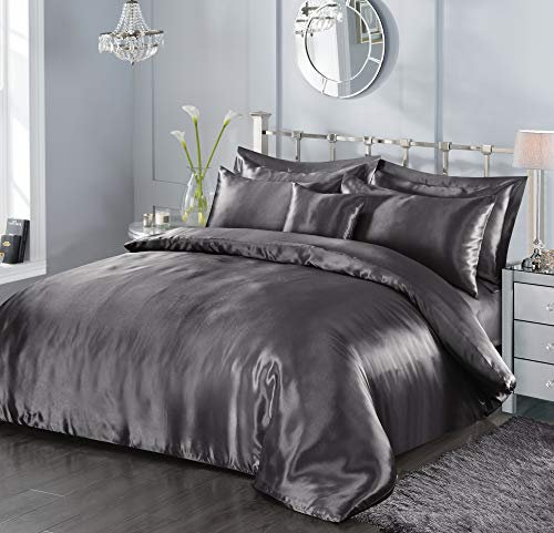 7 Piece Satin Sheets Super Soft Shiny Bedding Sets, 1 x Duvet Cover, 1 x Fitted Bed Sheet, 4 x Pillow Cases, 1 x Cushion Cover, Full Complete Bed Set (Grey, Double)