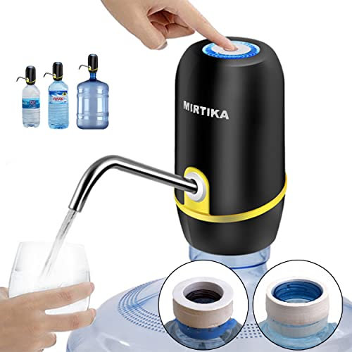 MIRTIKA Dispensador de Agua Automático para Garrafas y Botellas | Bomba Eléctrica USB Recargable | Adaptadores Universales para Bidones (Negro)