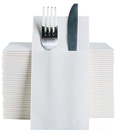 DADAWU Lot de 50 serviettes de table aspect lin avec poche intégrée, aspect tissu pour fête de mariage, 40,6 x 40,6 cm, blanc