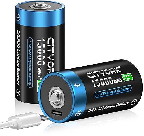 CITYORK Baterías D Cell [2 unidades] - Baterías recargables de celda D de litio de 1.5 V 15000 Mwh - Carga USB tipo C - No Ni-Mh/Ni-Cd/pilas alcalinas, para juguetes de linterna y reflector
