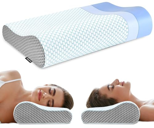 Memory Foam Pillows Neck Pillow Bed Pillow for Sleeping, Ergonomic Cervical Pillow for Neck and Shoulder Pain Relief,Orthopedic Contour Pillow for Side Back Stomach Sleeper(Blue&Grey)