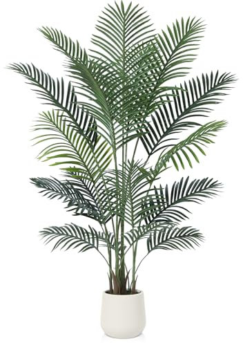 Kazeila Kunstpflanze Groß 150cm Kunstpalme,Künstliche Palme Pflanzen Fake Plastikpflanzen mit Weiß Topf für Home Decor Zimmerdeko Schlafzimmer Dekoration(1Pack)