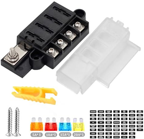 Xmart 4 Fach Sicherungshalter 12V Sicherungskasten Kfz Sicherungshalter mit 4 Stück 5a/10a/15a/25a Sicherungsträger +Extraktionsclip Einsetzen Geeignet für Frachtschiffe Autos Yachten LKWs