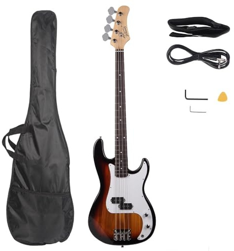 Bonnlo Electric Bass Guitar 4 Strings Full Size for Beginner Exquisite Basswood Burning Bass with Bag, Strap and Accessories (Sunset)