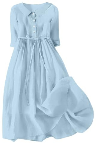 Generico Vestito Donna Estivo Lino Cotone Maniche 3/4 Vestiti Lungo Casual Vita Alta Abito Elegante Vestito Linea A Abiti da Spiaggia Mare Boho