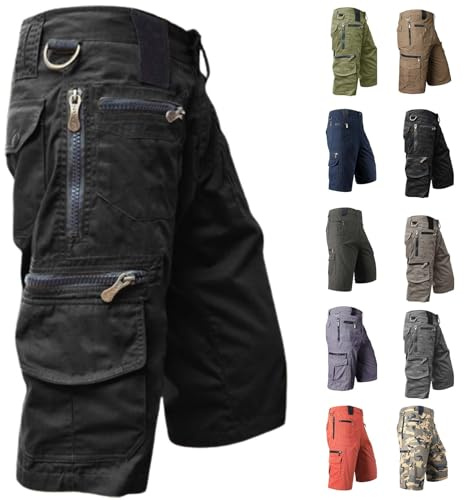 Fickor med flera blixtlås cargoshorts för män vandring knälånga shorts män avslappnad passform trendig militär under knät capribyxor utomhus träning strid herrkläder sommar lätt loungebyxor