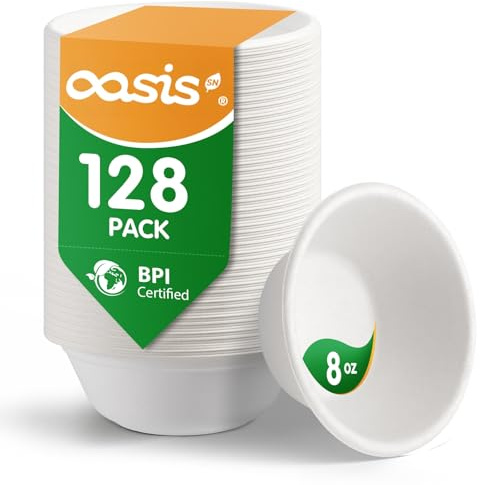 OasisSN 8 oz 128-Pack Compostable Paper Bowls, Small Disposable Dessert & Snack Bowls, Heavy-Duty Bagasse Bowls for Ice Cream, Sauce & Kids Meals, Microwave & Freezer Safe, Eco-Friendly (White)