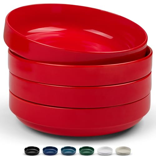 KooK Lot de 4 grands bols à pâtes en céramique, passent au micro-ondes et au lave-vaisselle, parfaits pour les soupes et les salades, bols de service peu profonds, porcelaine brillante, 1,3 l, rouge