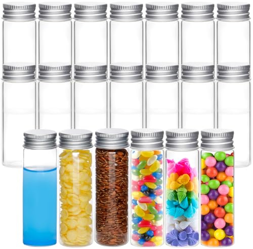 Acetiti 20 Piezas Tubos de Ensayo de Vidrio 50 ml con Tapas, Tubos de Vidrio Reutilizable con Tapa Roscada, Base Plana para Flores, Sales de Baño, Fiestas, Bodas y Muestras