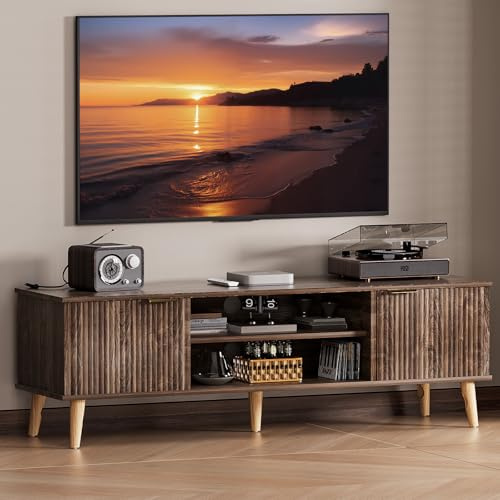 Yorbay TV-Schrank mit 2 Schließfach, TV Lowboard für Fernseher bis zu 65 Zoll, Moderner Fernsehschrank für Wohnzimmer und Schlafzimmer, Vintage Braun