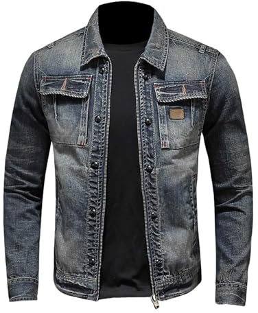 YOSUWOAI Giacca di jeans da uomo, vintage, da motociclista, con chiusura lampo, colletto alto, in denim, slim fit, giacca da motociclista da cowboy