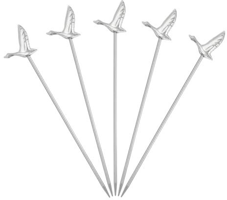 sourcing map 5 Stück Edelstahl-Cocktailspieße, 10,4 cm, Martini-Picker, Obststäbchen, Metallspieße, wiederverwendbar, für Getränke, Oliven, Vorspeisen, Obst, dekorativ, Silber (Vogel)