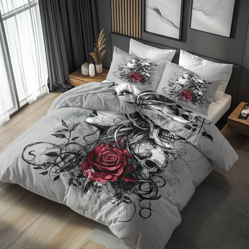 Housse de Couette 240x260 Gothique, Parure de Lit Tête de Mort, Réversible, Microfibre avec Fermeture Éclair, Linge de Lit 2 Personnes + 2 Taies d’Oreiller 65x65 cm, LSZFQ1751