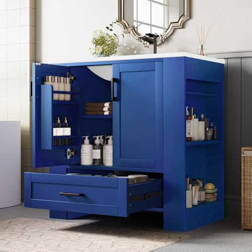 HYSZ 76 x 46 x 78,5 cm, mobile da bagno, con laccatura completa, doppia porta, cassetti silenziosi, mensole su entrambi i lati, lavabo in ceramica integrato, blu