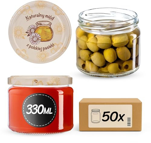 KADAX Barattoli per marmellata, 330 ml, con tappo a vite fi82 mm, per marmellate, miele e confetture, vasetti in vetro, barattoli con coperchio (miele polacco, 50 pezzi)