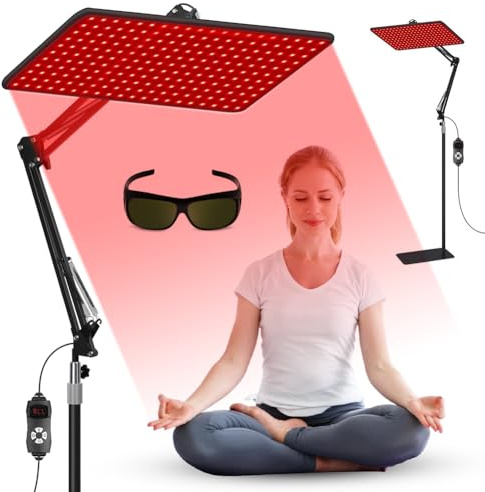 Lámpara de luz roja para cuerpo y cara, lámpara de infrarrojos con 200 LED y 5 niveles de brillo, longitud de onda tri (660 nm 850 nm 940 nm) con soporte ajustable y gafas de protección, alivia la