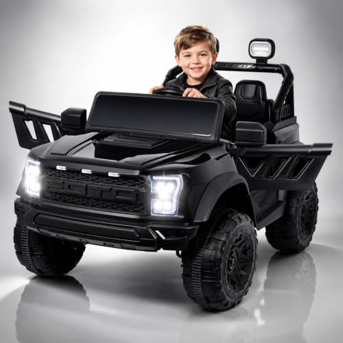 12V Doppelsitz Kinder Elektroauto, 2.4G Fernsteuerung, bis 50 kg belastbar, Musik & LED, Elektrofahrzeug für Kinder 3 Jahre, Schwarz