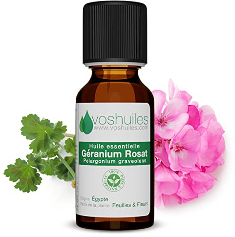 VOSHUILES - Huile Essentielle Géranium Rosat 10ml - 100% Pure et Naturelle - HEBBD - Vertus Dermatologiques - Diluer dans Huile Végétale - Parfum Léger à la Rose