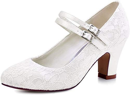 ELEGANTPARK HC1708 Wedding Shoes for Bride Comfortable Closed Toe Bridal Heels for Women Chunky Heel Lace Mary Jane Evening Prom Dress Pumps Ivory US 9