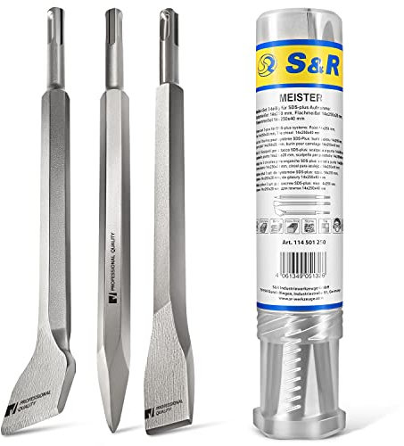 S&R Bohrhammer Meißel-Set SDS-plus, 3-teilig, robust und hitzegehärtet – Flachmeißel, Fliesenmeißel, Spitzmeißel für Beton, Mauerwerk, Ziegel und Asphalt – Werkzeug-Stahl, universell für Bauwerkstoffe