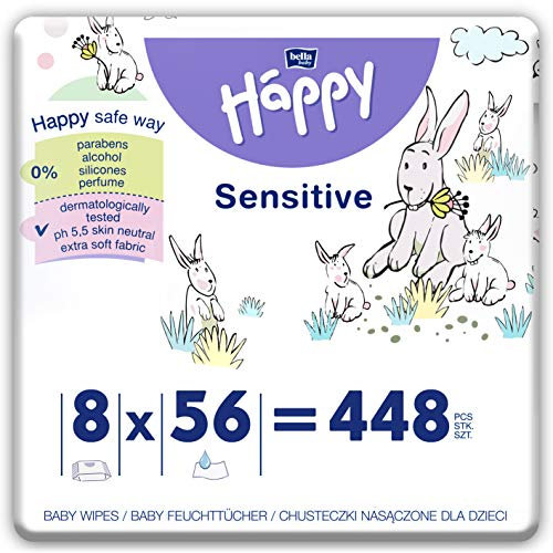 bella baby Happy Babyfeuchttücher Sensitive mit Klickverschluss, 8er Pack (8 x 56 Stück) Feuchttücher für Babys zur Pflege von sensibler Haut