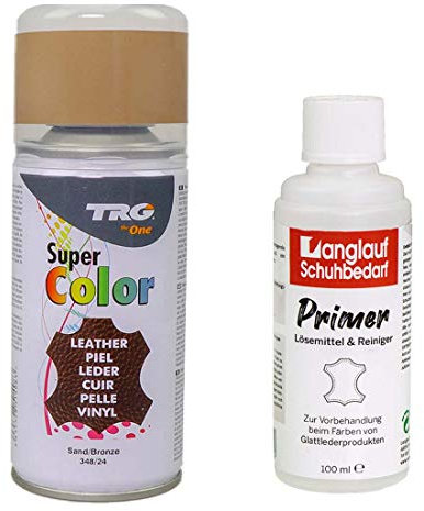 TRG Lederfarbspray 150ml Lederfarbe + Primer & Lederreiniger 100ml für Glattleder | Spray für Schuhe, Kunstleder & Stoffe, starke Deckkraft, viele Farben inkl. Metallic (sand 348/24)