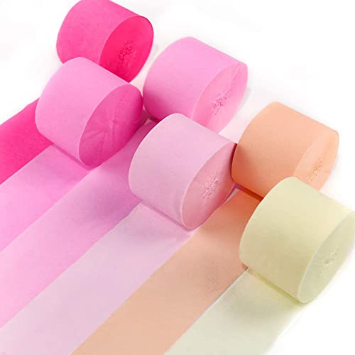 PartyWoo Stelle Filanti in Carta Crespa 6 Rotoli da 120 m, Confezione di Stelle Filanti Rosa, Fucsia, Pesca e Giallo per Decorazioni di Compleanno, Decorazioni per Feste(1,8 Pollici x 82 Piedi/Rotolo)