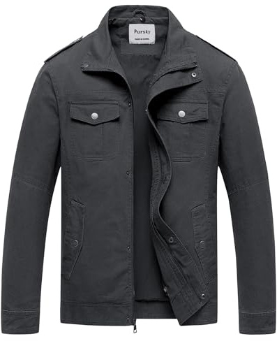 Pursky Men's Field Cargo Work Lapel Coat Military Canvas Jacket With Removable Hood Grey L