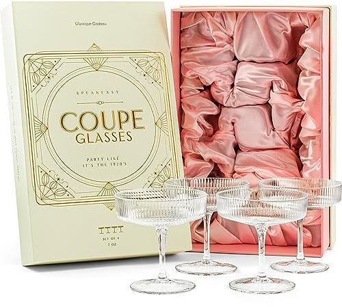 Vintage Art Deco Gerippte Coupe Gläser | 4er Set | 200 ml Klassische Cocktailgläser für Champagner, Espresso Martini, Cosmopolitan, Daiquiri | Speakeasy Kristall Champagnerschalen