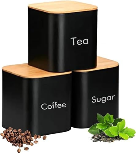 Tuzsocr 3-Teiliges Küchendosen-Set, Kaffee-Tee-Zucker-Aufbewahrungsdose mit luftdichtem Deckel aus Holz, Vorratsdosen Set, Küchen-Organizer, Schwarz (Schwarz)