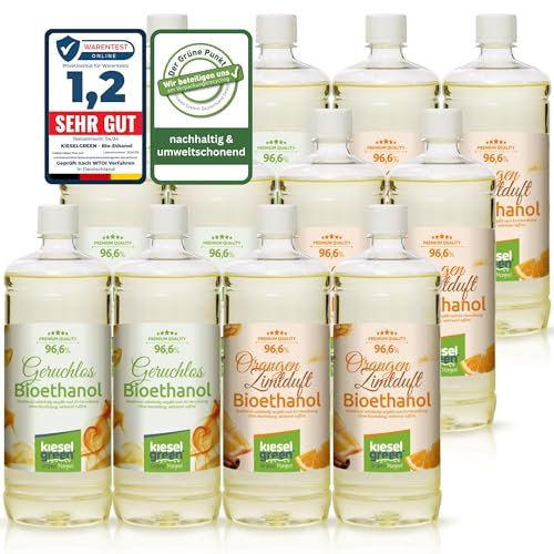 KieselGreen Bioethanolo 12 x 1 litro Set (6x Inodore + 6x con Fraganza) per Caminetto a Etanolo – Bio-etanolo profumato per Ambienti - Profumo per Caminetto a bioetanolo da Interno o da Tavolo