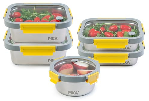 PIKA - Set di 5 contenitori per alimenti in acciaio inox e coperchio in vetro temperato - Ermetico e leggero - Compatibile con microonde, forno, congelatore - MetalShock (650ml + 2x820 + 2x1200ml)