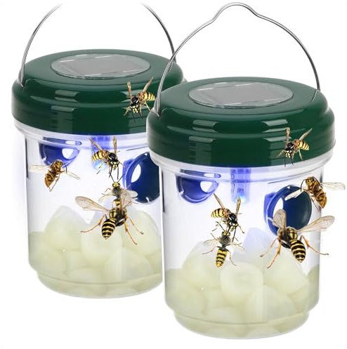 com-four® 2X Piège à Insectes, piège Vivant 2 en 1 pour moustiques et guêpes avec Solaire, capteur crépusculaire & LED Bleue à Suspendre – Piège LED – Anti-Insectes (2 pièces - Vert - Solaire)