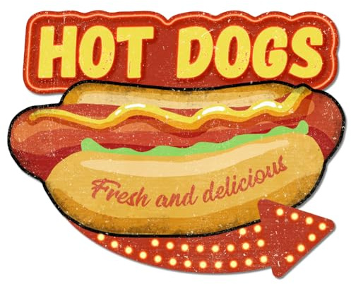 GLOBLELAND Cartel de metal vintage con texto en inglés Hot Dogs, placa de comida retro para decoración del hogar, cocina, restaurante, cafetería, club, bar