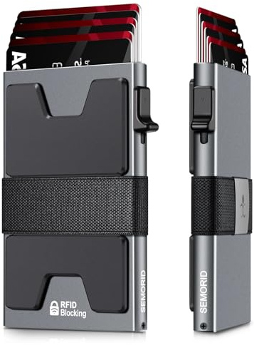 SEMORID Portafoglio da uomo, portafoglio sottile da uomo, porta carte di credito pop up, blocco RFID, portafoglio minimalista in metallo con fascia per contanti, portafogli in alluminio, Grigio, Slim,