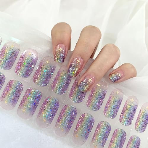 Ceboic Semi Cured Gel Strips, 22PCS Glitter Star Stickers Self-Adhesive Colorful Full Wraps Polish Stickers, Long Lasting Gel Wraps for Salon-Quality Manicure, Easy to Use