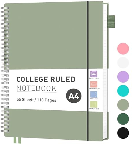 RETTACY Anteckningsbok A4-linjerad, lätt ringbok, dagbok 110 ark/55 sidor att skriva, anteckning 100 GSM, college-linjerad PVC-dagbok 21,5 x 27,9 cm – grön