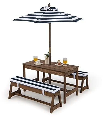 Set di seggiolini per bambini, tavolo da picnic con panche, cuscino e ombrellone, set di seggiolini per bambini in legno, set di sedute per esterni, mobili da giardino per giardino, cortile, terrazza
