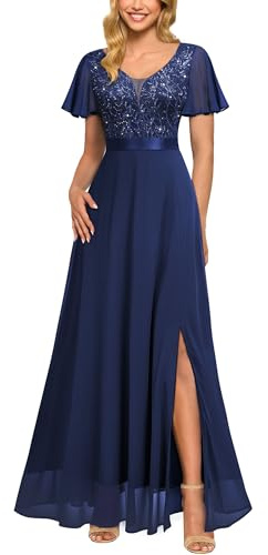 MIUSOL Women's Elegant Double V-Neck Sequin Embroidered Prom Bridesmaids Party Gown Formal Maxi Dress