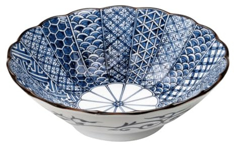 Starry Mart Bloom Minoyaki Blue Japanese Pattern Large Bowl – Traditional Ceramic Bowl Ø25cm, H7.5cm, Ideal for Soup, Rice, and Noodles