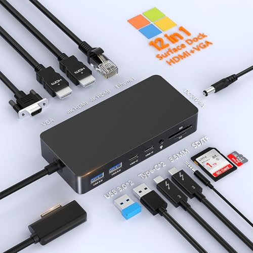 Micro-soft Surface Dock 2,Surface Docking Station 12 in 1 Triple Display Surface Dock mit 2 HDMI 4K +VGAfür Surface Pro 11/10/9/8/×/7/6/5/4/3, Surface Laptop 7/6/5/go/4/3/2/1,Surface Book Laptop 3/2/1