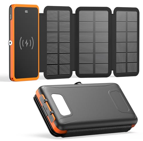 A ADDTOP Power Bank Solare 10000mAh – Caricabatterie rapido 15W per cellulari con USB-C Ingresso/Uscita & 4 Pannelli Solari – Caricatore portatile wireless con torcia a LED per iPhone, Android