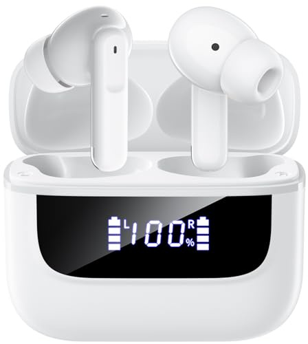 Wireless Earbuds, Bluetooth 5.4 In Ear Headphones HiFi Stereo Deep Bass Ear Buds 6 Mic ENC Noise Cancelling Clear Calls 48H Playtime Earphones LED Power Display IPX7 Waterproof, for Android iOS White