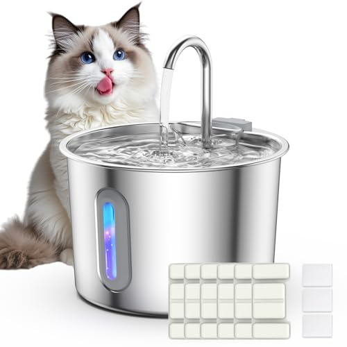 Bizcasa Fuente para Gatos Acero INOX: 2.2L Bebedero Gato con Ventana de Nivel de Agua, Bebedero Perros Acero Inoxidable, Dispensador Agua Perro Silencioso (Fuente Gatos-2.2L+6 Filtros+3 Esponjas)
