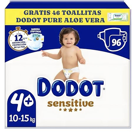 Dodot Sensitive Pañales Talla 4+ Extra Absorción, 10-15 kg, 96 Unidades, Barreras Stop Fugas, 12 Horas de Protección, Materiales Ultra Suaves +regalo 46 toallitas pure aloe vera